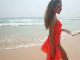 Handsome Russian stunner Lena taunting herself on the beach